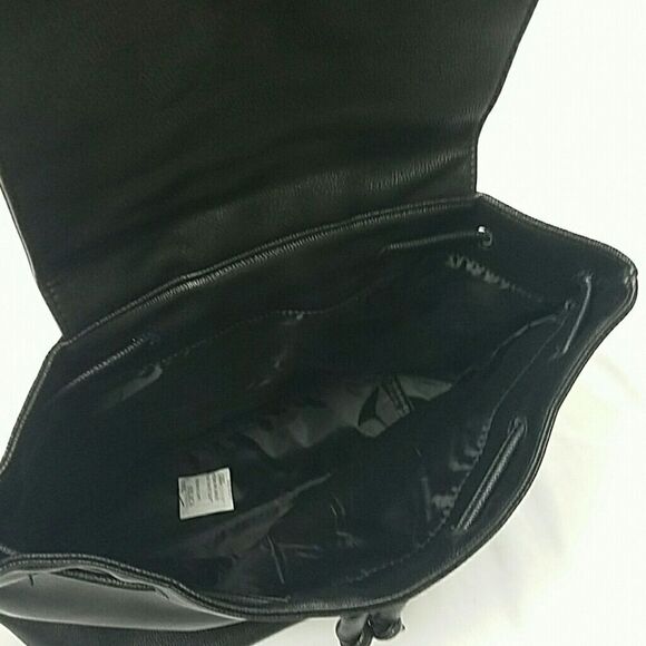 Victoria’s Secret Black Faux Leather Flap Drawstring Backpack NWT